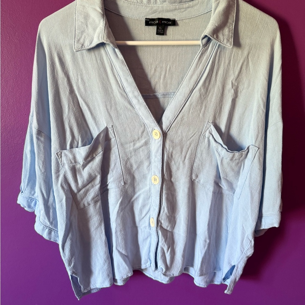 Moa Moa Blue Oversized 3/4 Sleeve Button Down Shirt